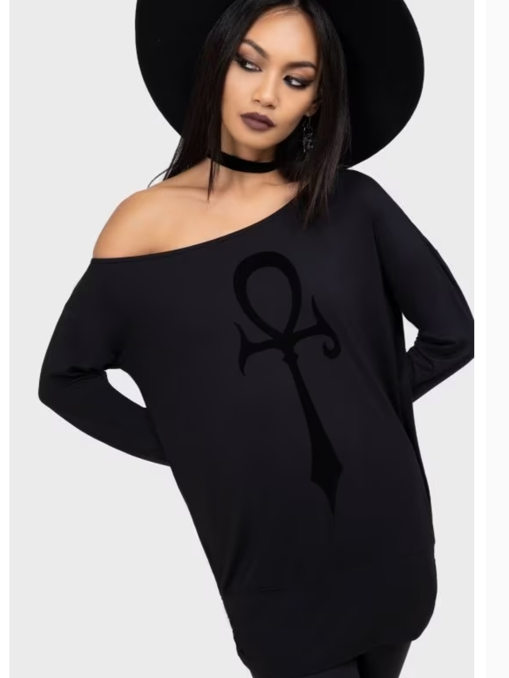 Killstar Black Off-Shoulder Ankh Long Sleeve Top - Picture 3 of 6